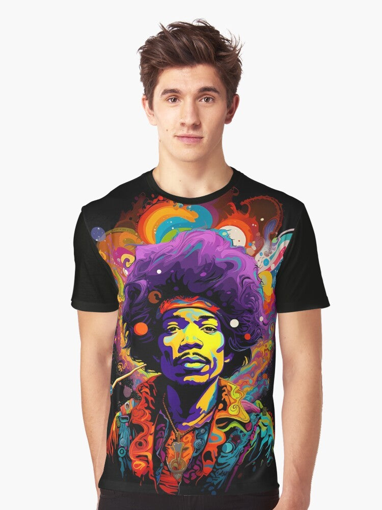 Jimi Hendrix inspired psychedelic graphic t-shirt featuring a guitar and music elements - Men