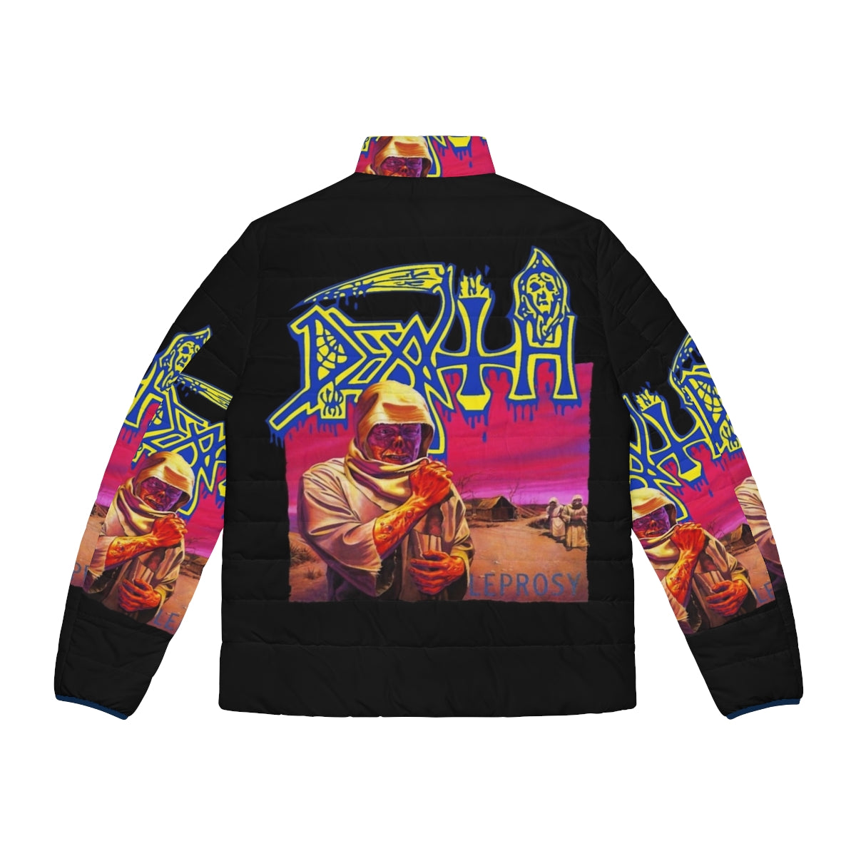 Death Leprosy Puffer Jacket featuring death metal, black metal, and thrash metal graphics - Back