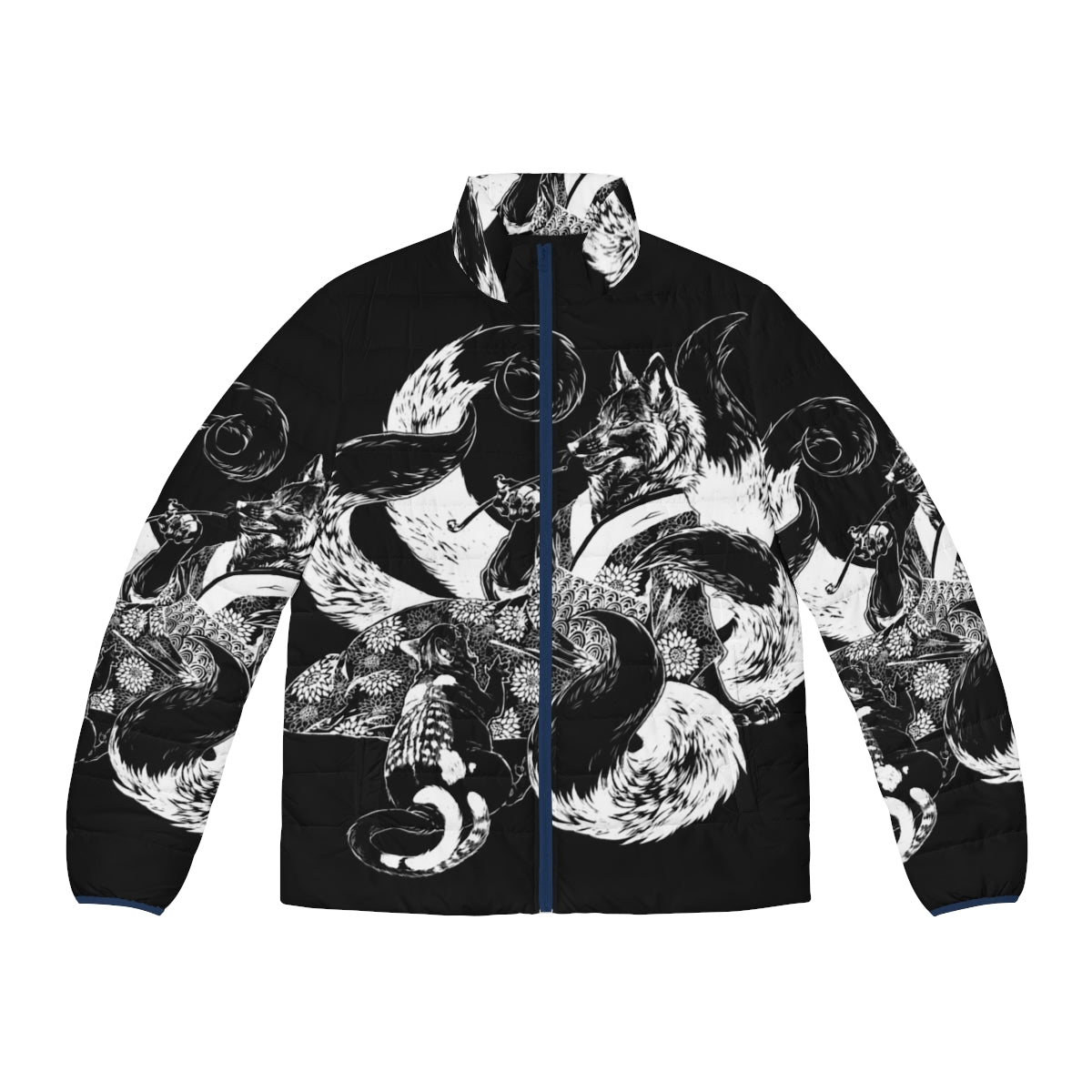 An inverted puffer jacket featuring a design of a nekomata (a two-tailed cat demon) arguing with a kitsune (a fox spirit) from Japanese mythology.