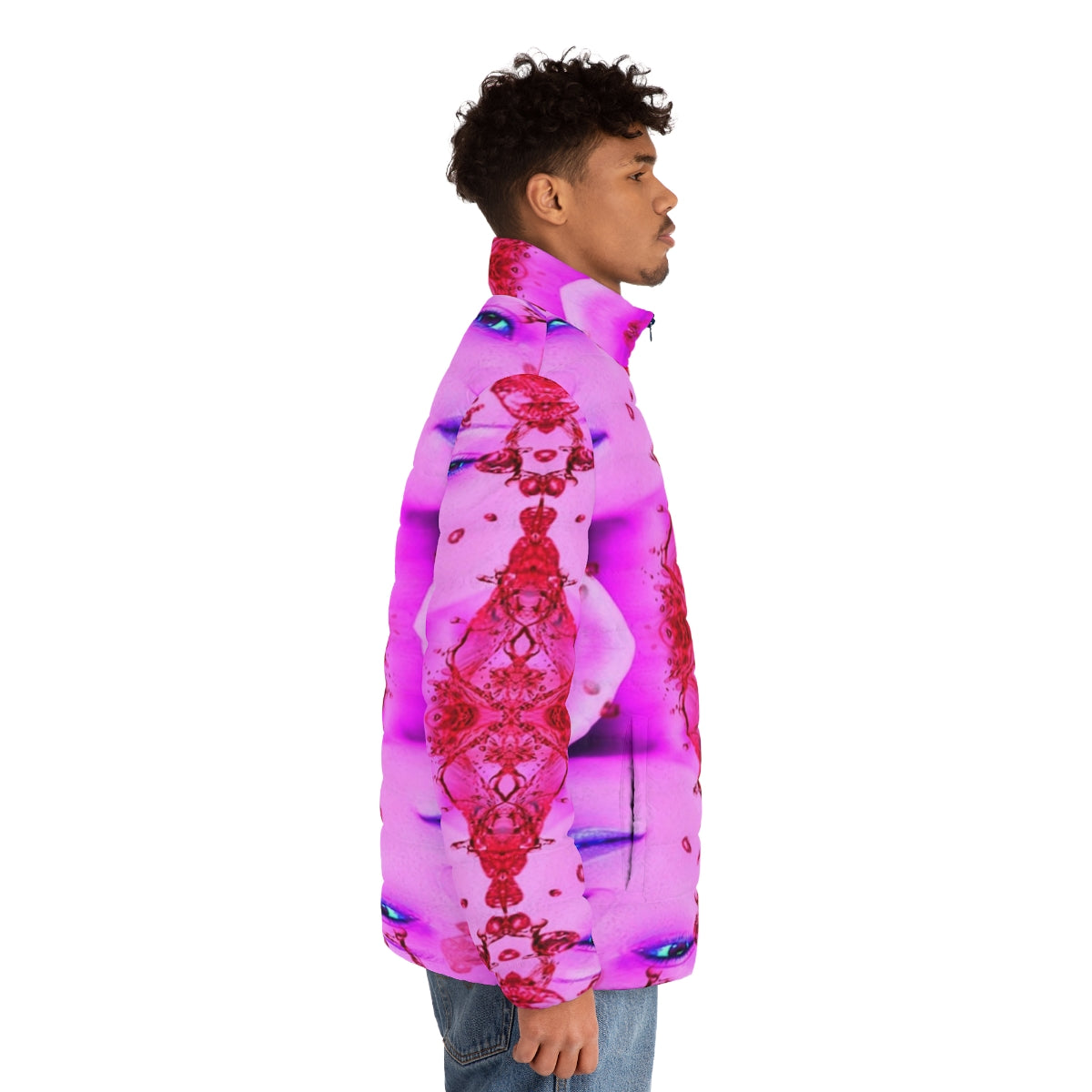 Passion Puffer Jacket featuring a vibrant, abstract pattern and whimsical design - men side right