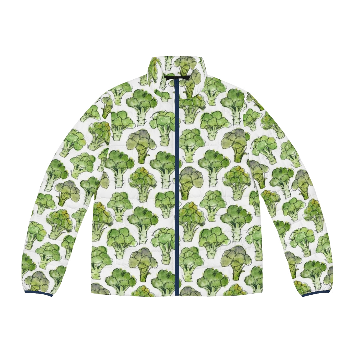 Watercolor broccoli pattern puffer jacket with floral and vegetable design