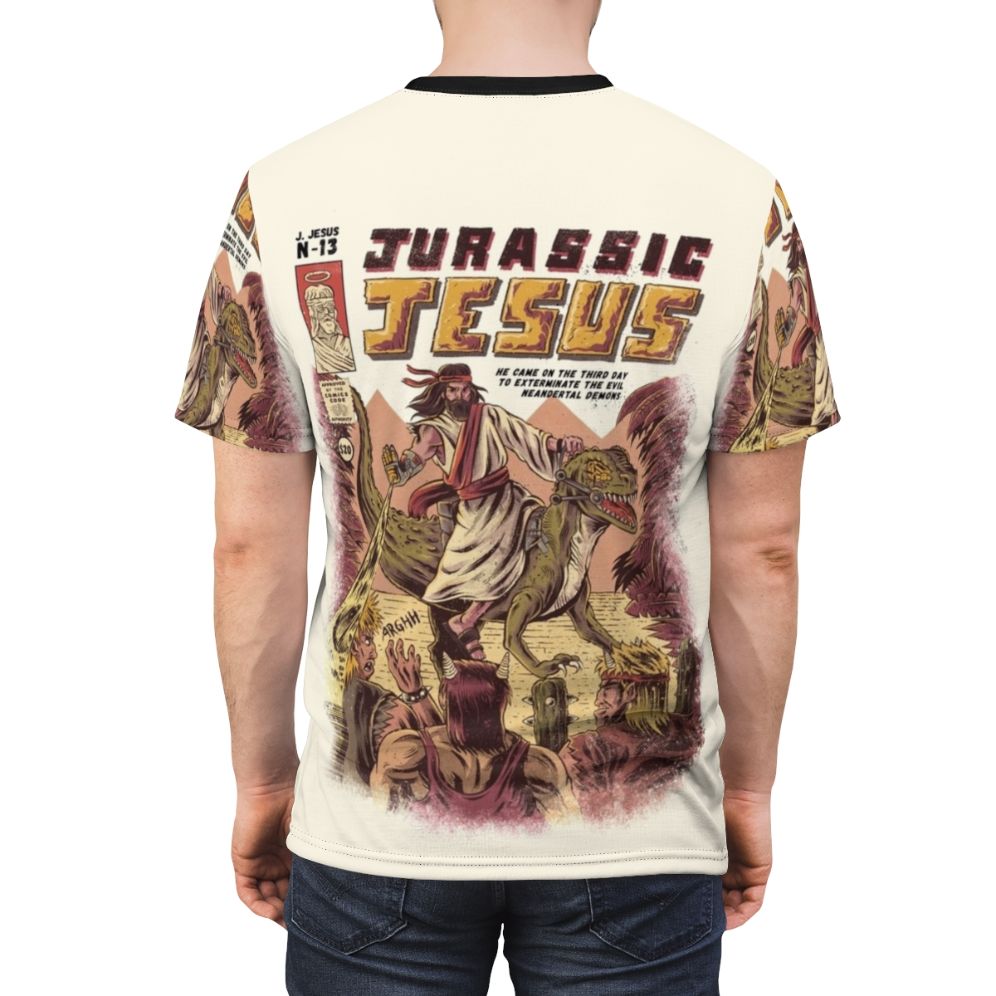 Vintage Prehistoric Jesus T-Shirt with Dinosaurs and Bible References - men back