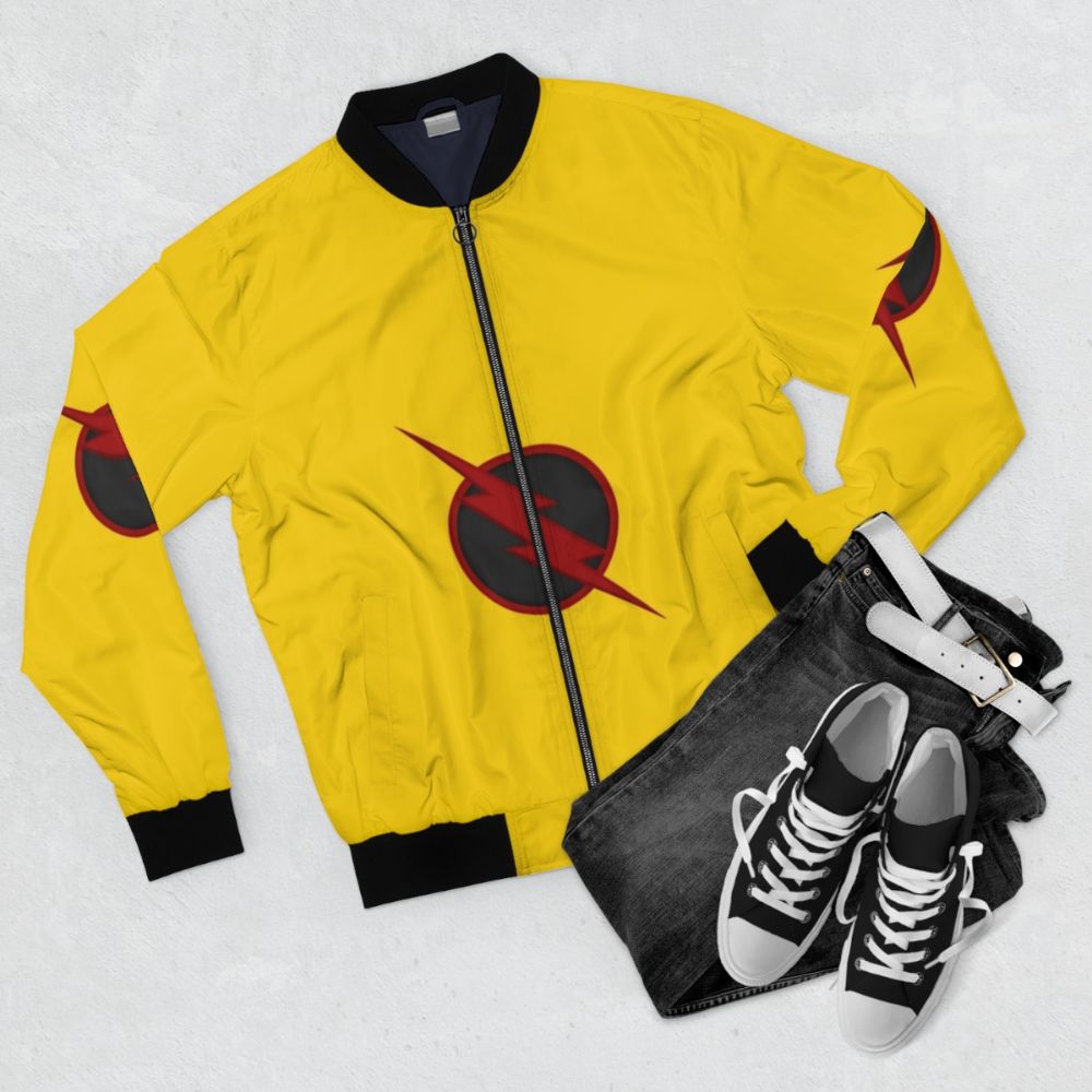 Yellow bomber jacket with "Zoom" graphic, inspired by the Flash's nemesis Professor Zoom - Flat lay