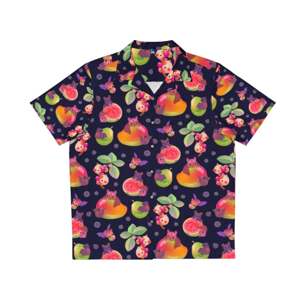 dark hawaiian shirt with tropical fruit and bat print