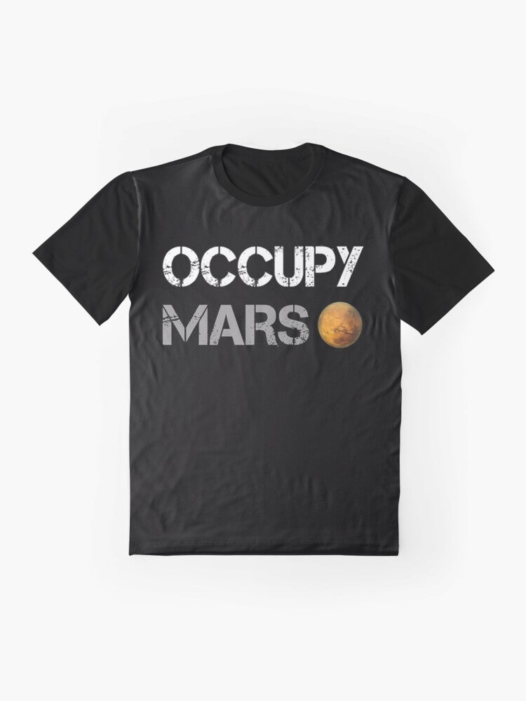 Elon Musk SpaceX "Occupy Mars" graphic t-shirt with futuristic space and cosmos design - Flat lay