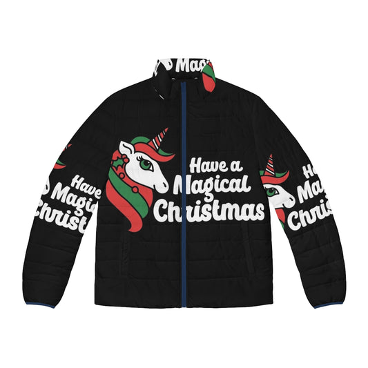 Magical Christmas unicorn puffer jacket with festive design