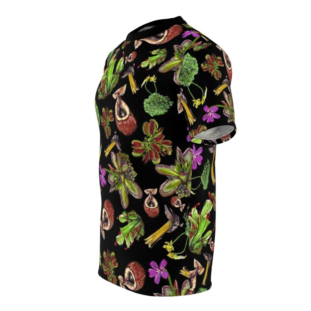 Alluring carnivorous plants printed on a black t-shirt, featuring a nature-inspired pattern. - men left