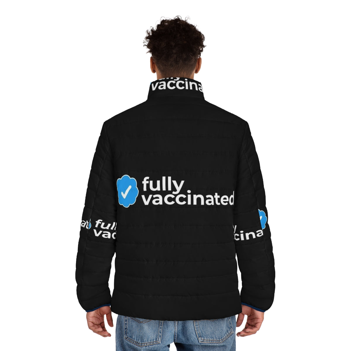 Fully vaccinated person wearing a puffer jacket with COVID-19 vaccination message - men back