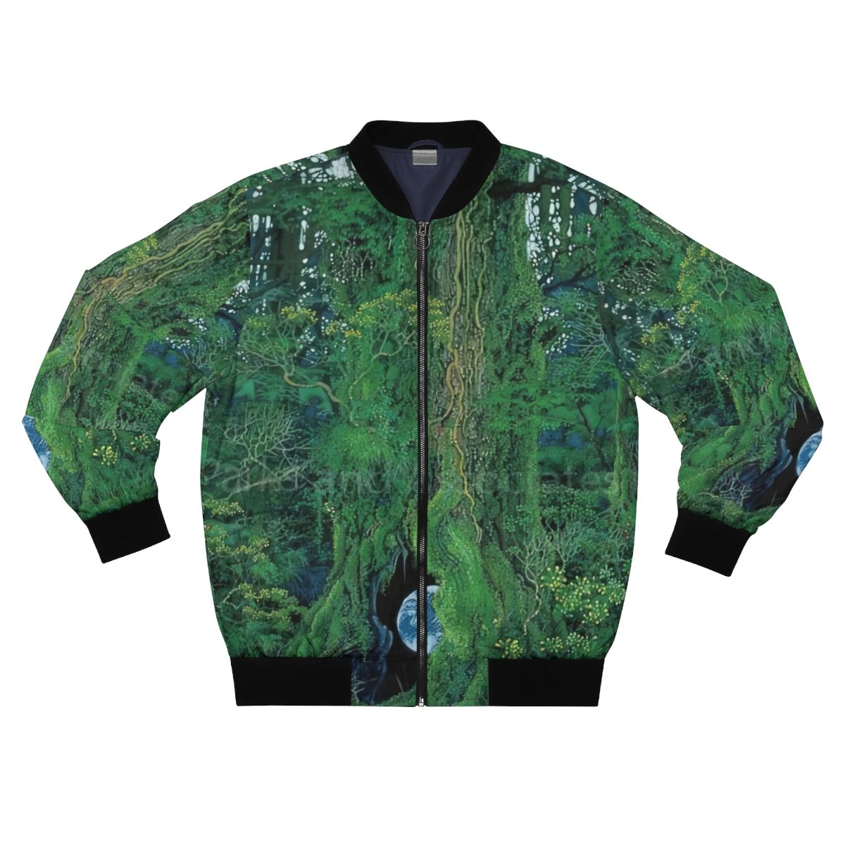 Hiroo Isono's detailed watercolor painting of a forest scene, featuring a bomber jacket design