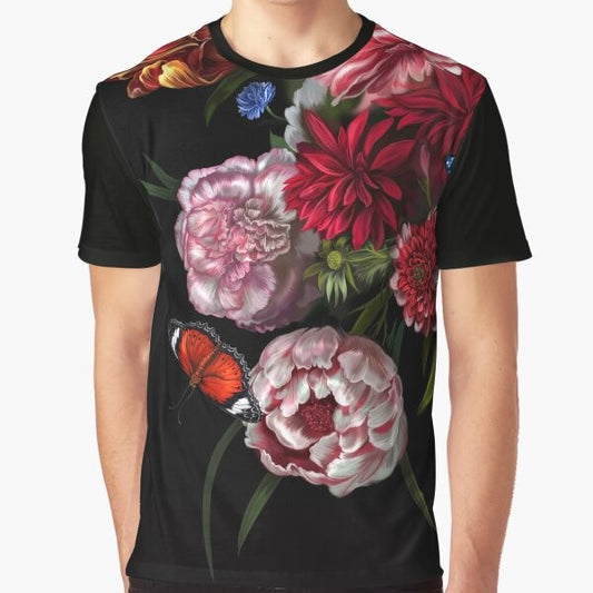 Surreal graphic tee with a glitched, floral paradise design