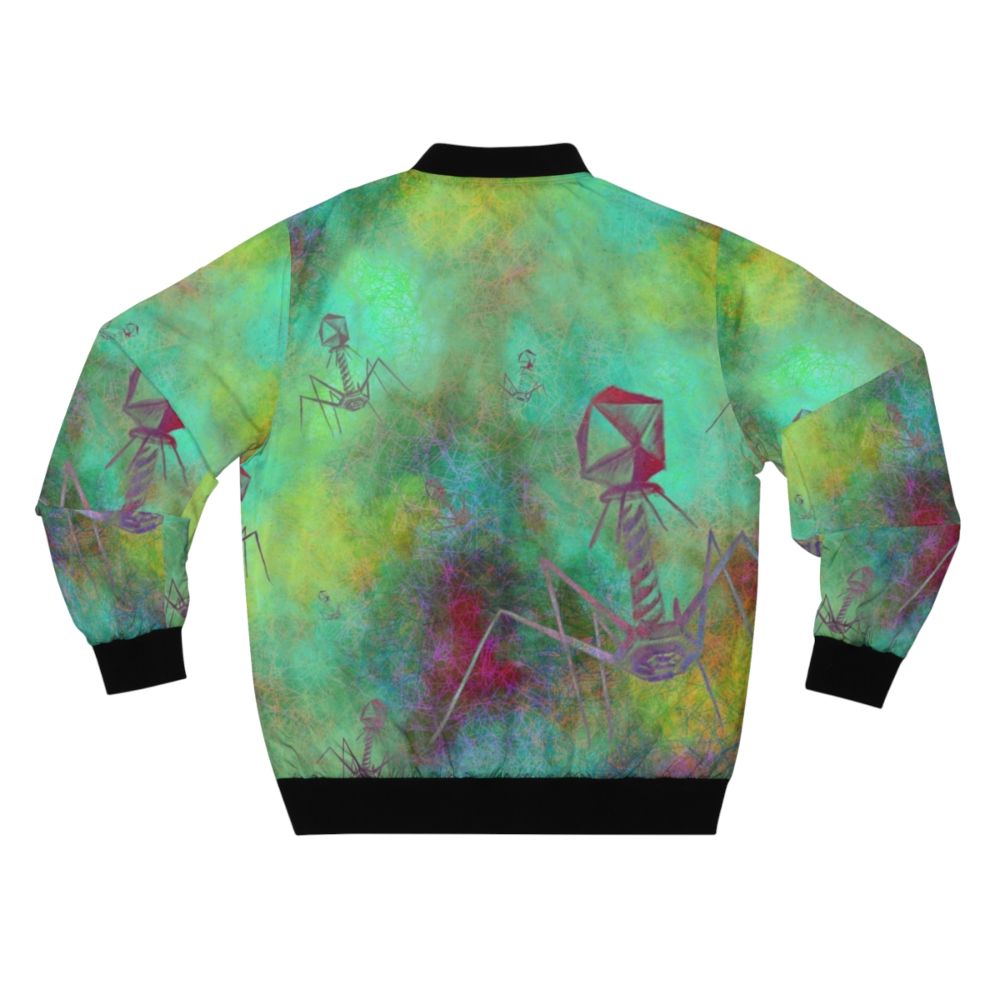 A bomber jacket featuring a graphic design of a bacteriophage, a virus that infects bacteria. - Back