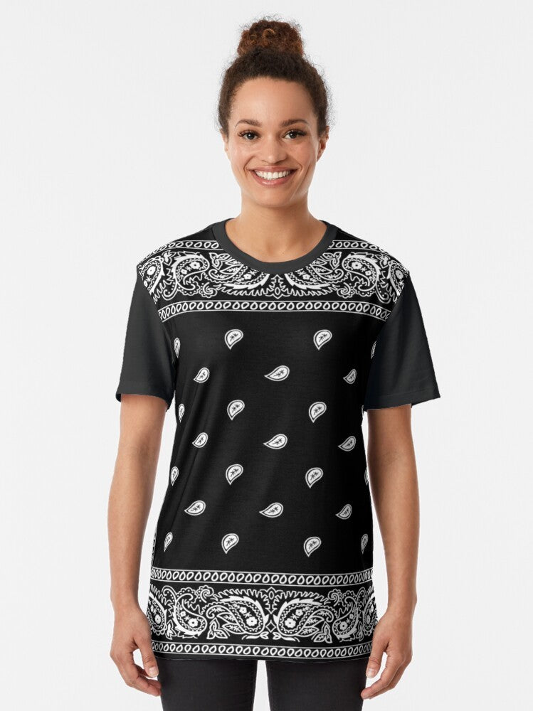 Black bandana graphic t-shirt with urban and western design elements - Women