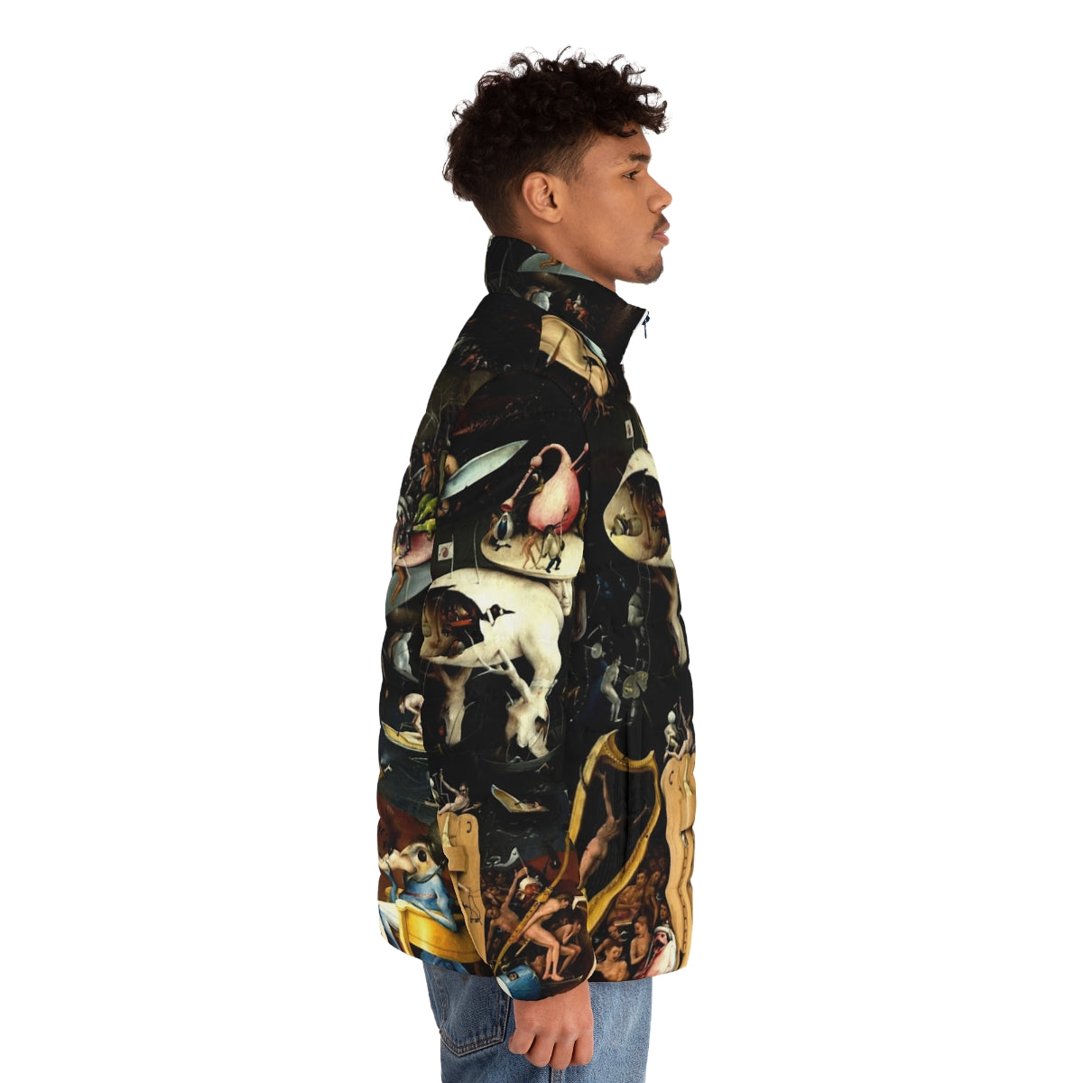 Hieronymus Bosch inspired puffer jacket featuring surreal, religious imagery from the Garden of Earthly Delights - men side right