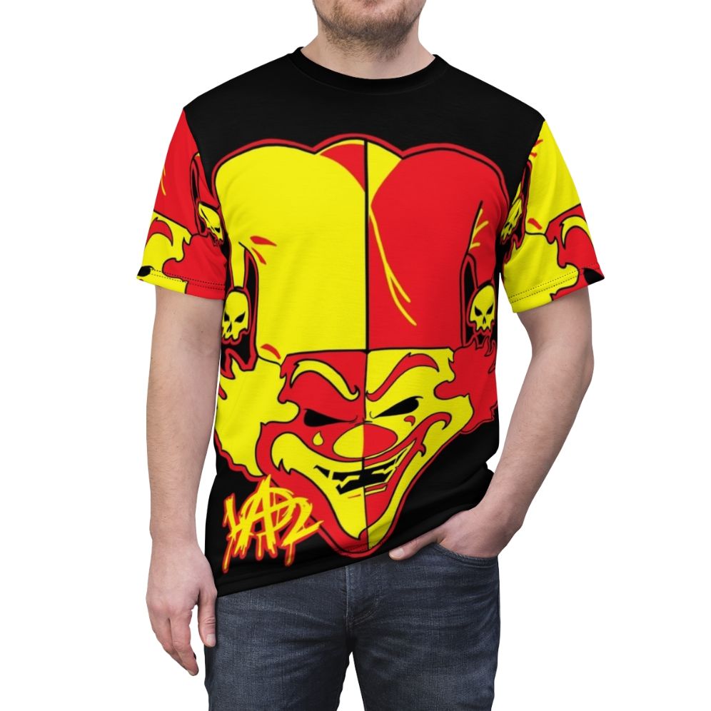 Model wearing a high-quality, horror-themed Jeckel Carnage graphic t-shirt - men front