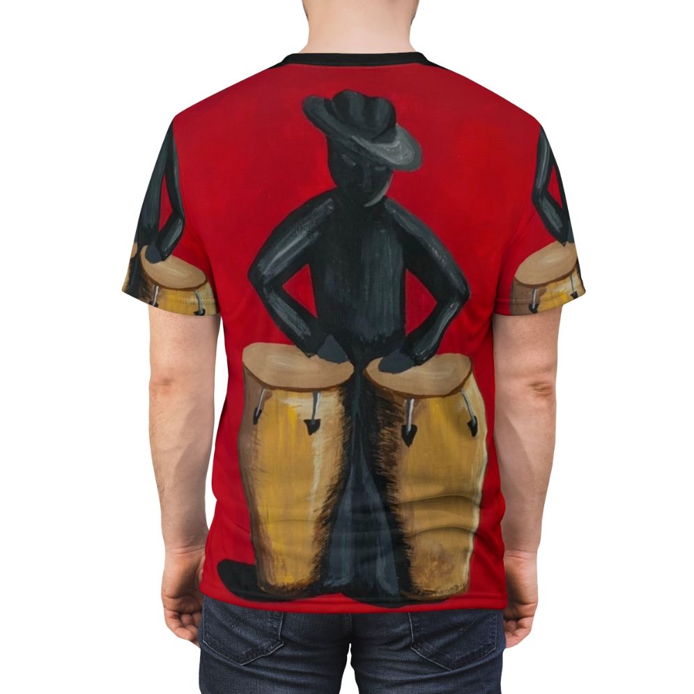 Colorful AOP T-shirt featuring a salsero conga player and vibrant Latin music art - men back