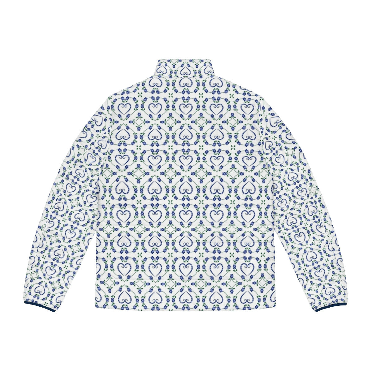 Blue puffer jacket with pawprint, flower, and heart pattern design for dog lovers - Back