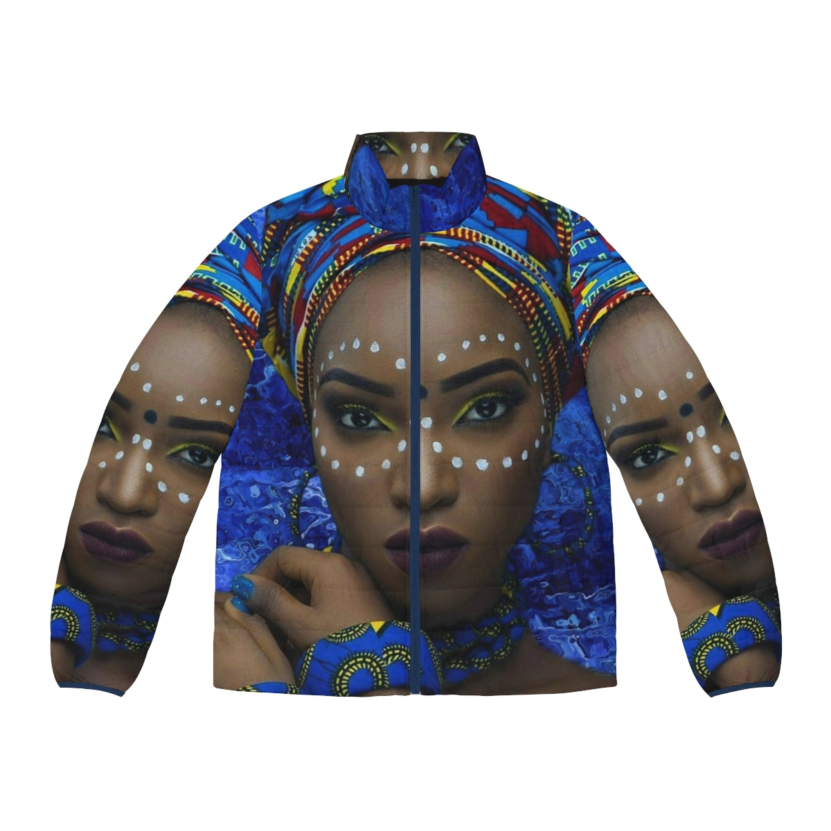 African Queen Puffer Jacket with Tribal Patterns and Gold Accents