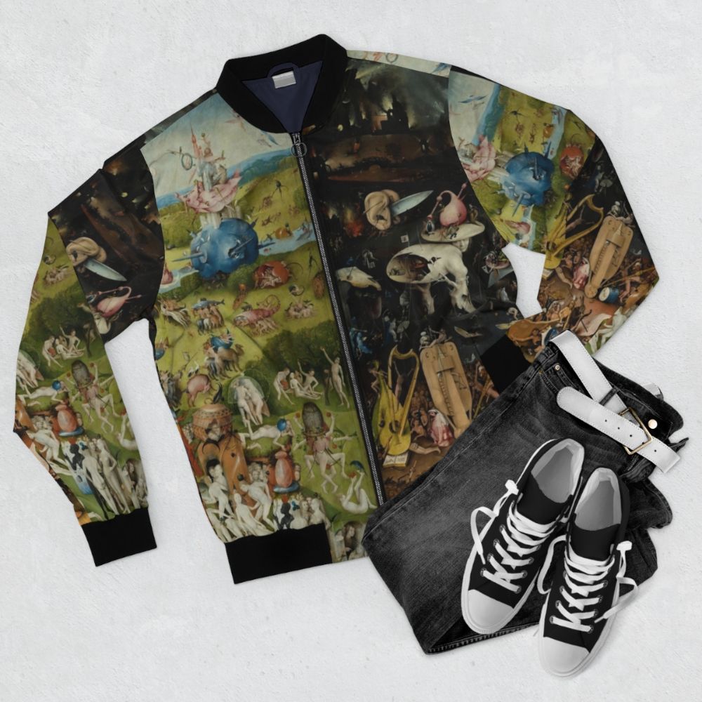 Hieronymus Bosch's iconic painting "The Garden of Earthly Delights" printed on a bomber jacket - Flat lay