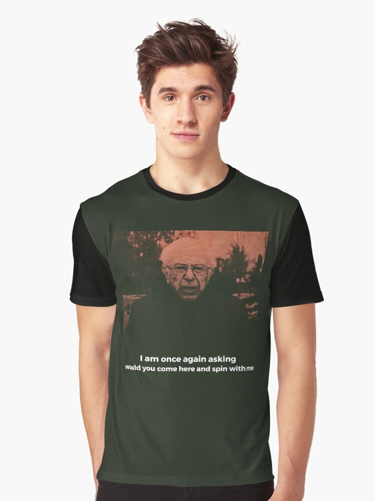 A graphic t-shirt featuring Bernie Sanders with a "Turnover" design and the text "Peripheral Vision", "Dizzy on the Comedown", and "Emo/Indie" style elements. - Men