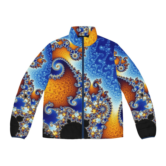 Puffer jacket featuring the intricate Mandelbrot set fractal pattern, a captivating mathematical art design