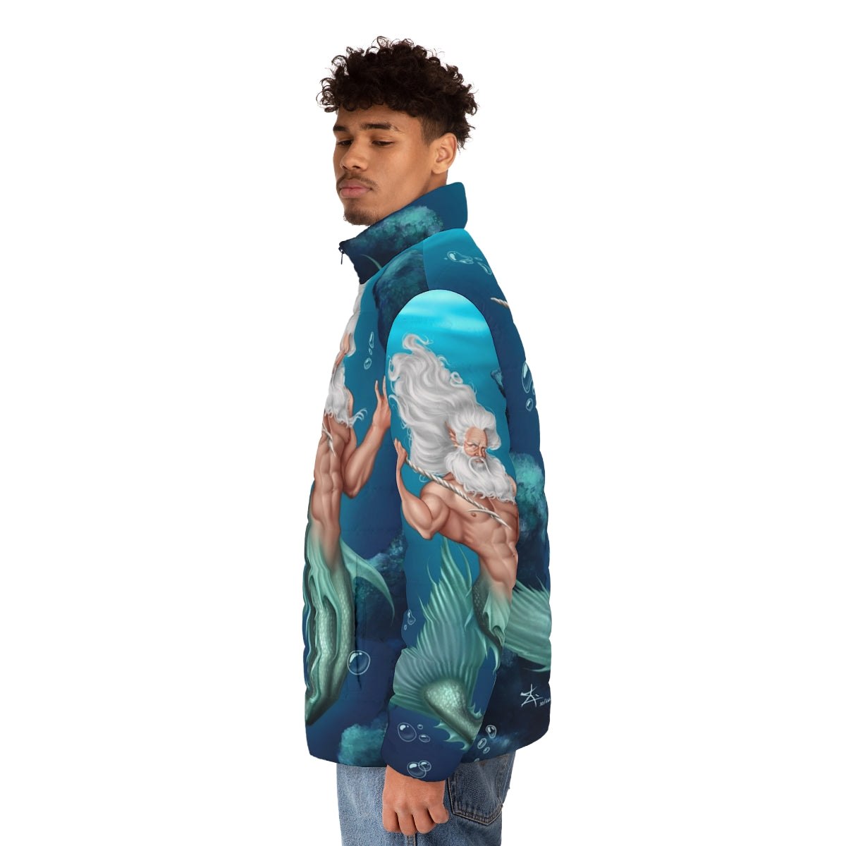 Glaukos Puffer Jacket - Merman inspired puffer jacket with oceanic and mythological design elements - men side left