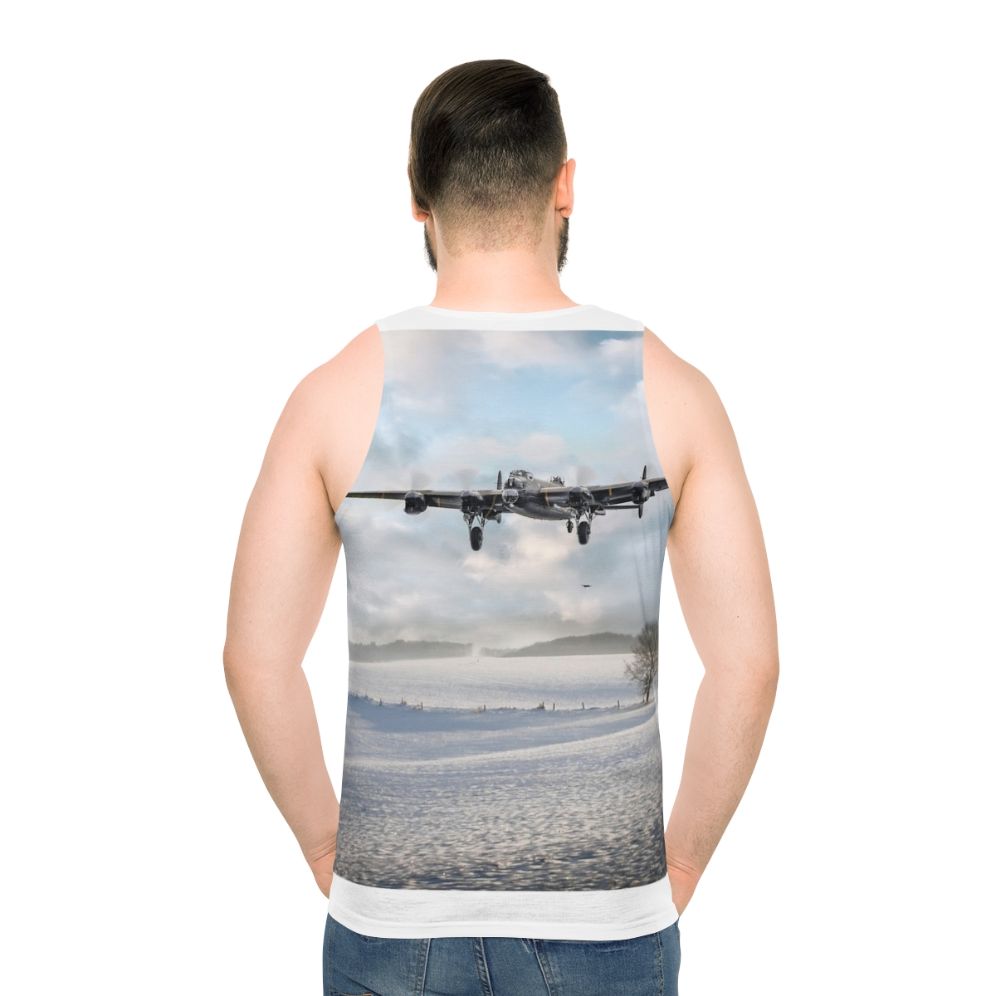 Unisex tank top featuring a Lancaster bomber in a snowy winter scene - men back