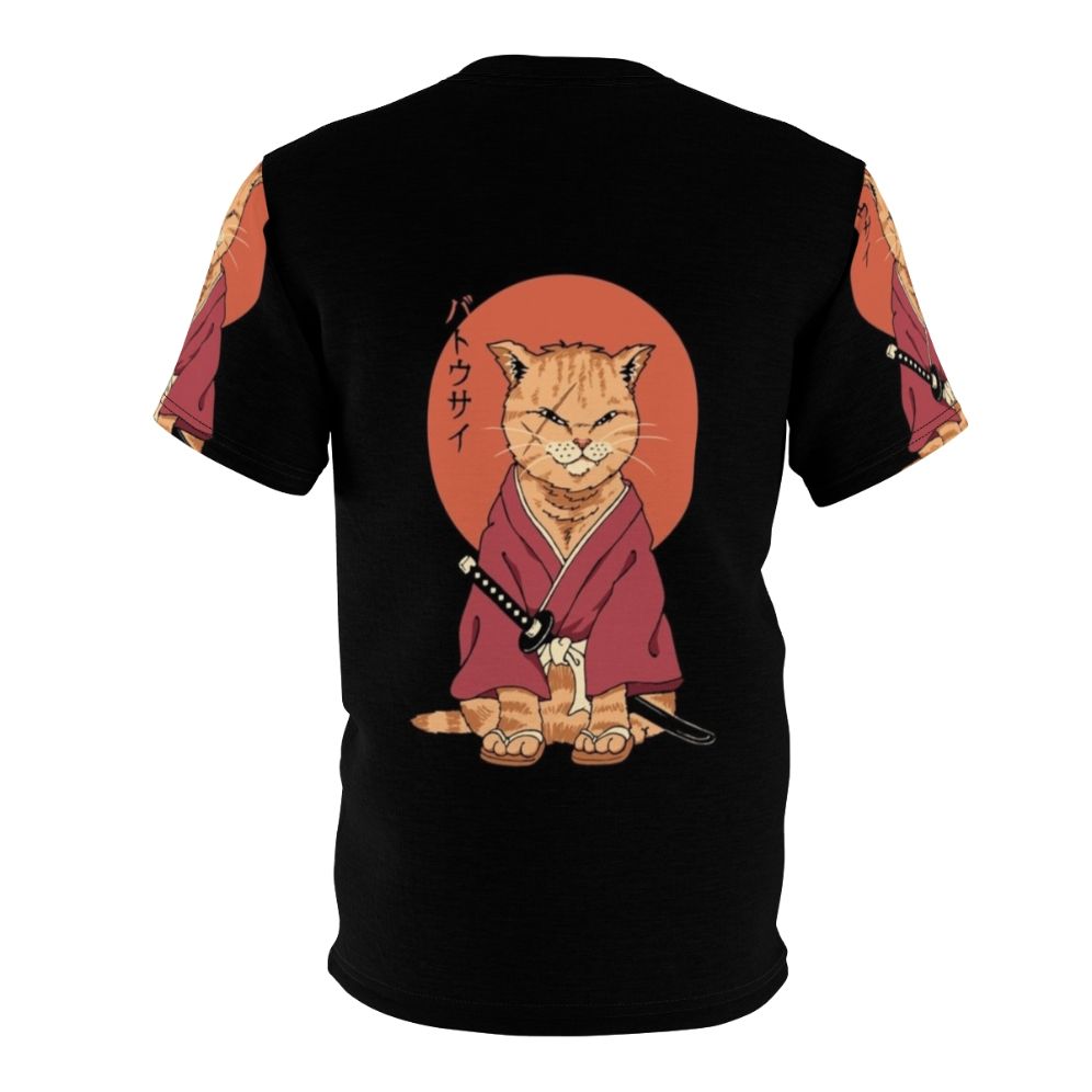 Product image of a t-shirt featuring a cat in samurai attire wielding a sword, inspired by Japanese art and anime - Back