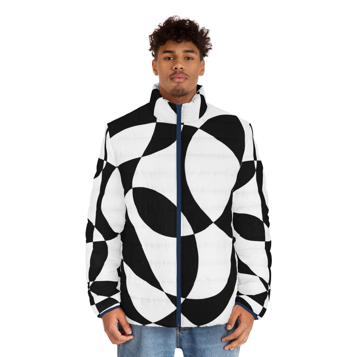 Vintage 1960s puffer jacket with abstract black and white geometric pattern - men front