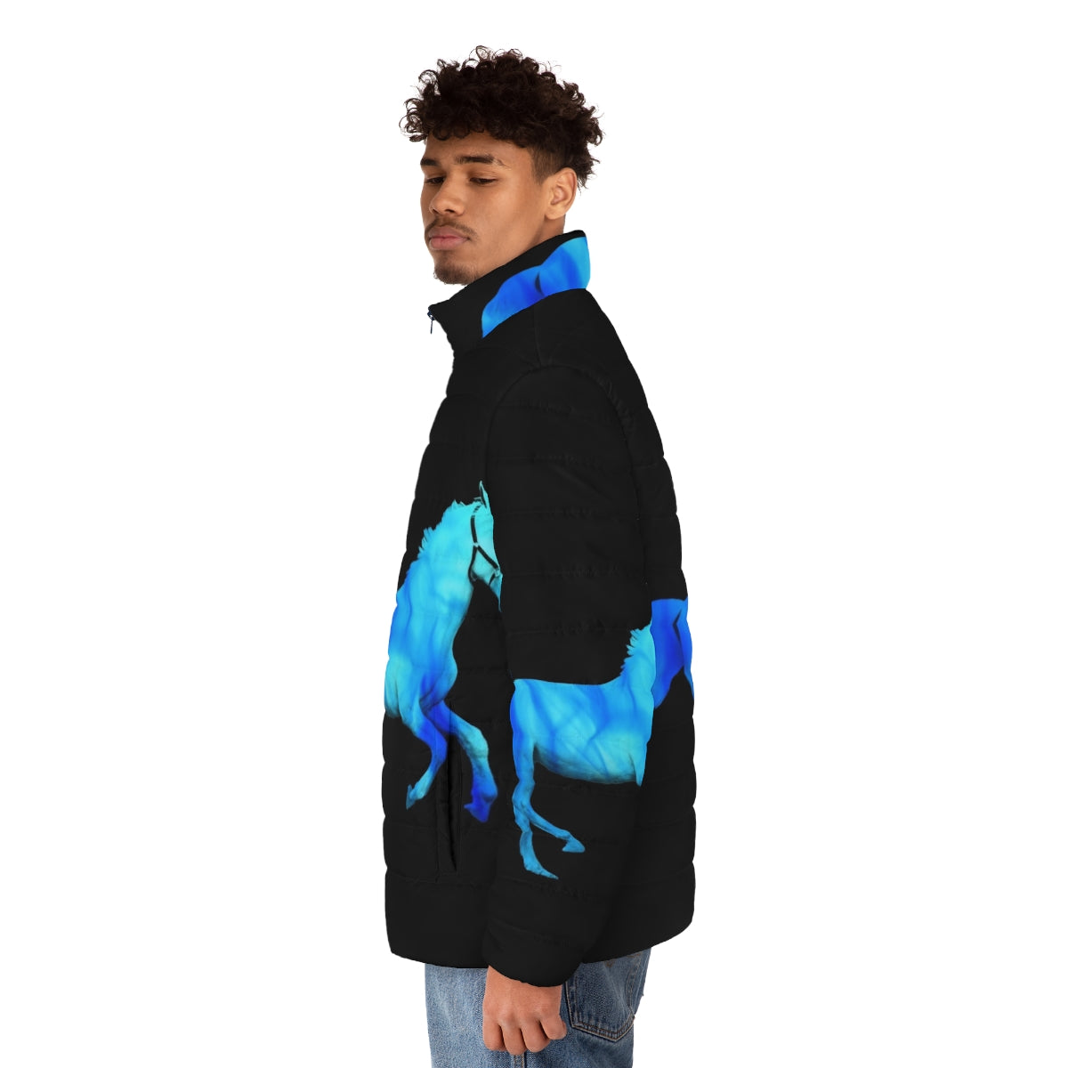 Flaming horse puffer jacket with a stallion graphic and vibrant blue color - men side left