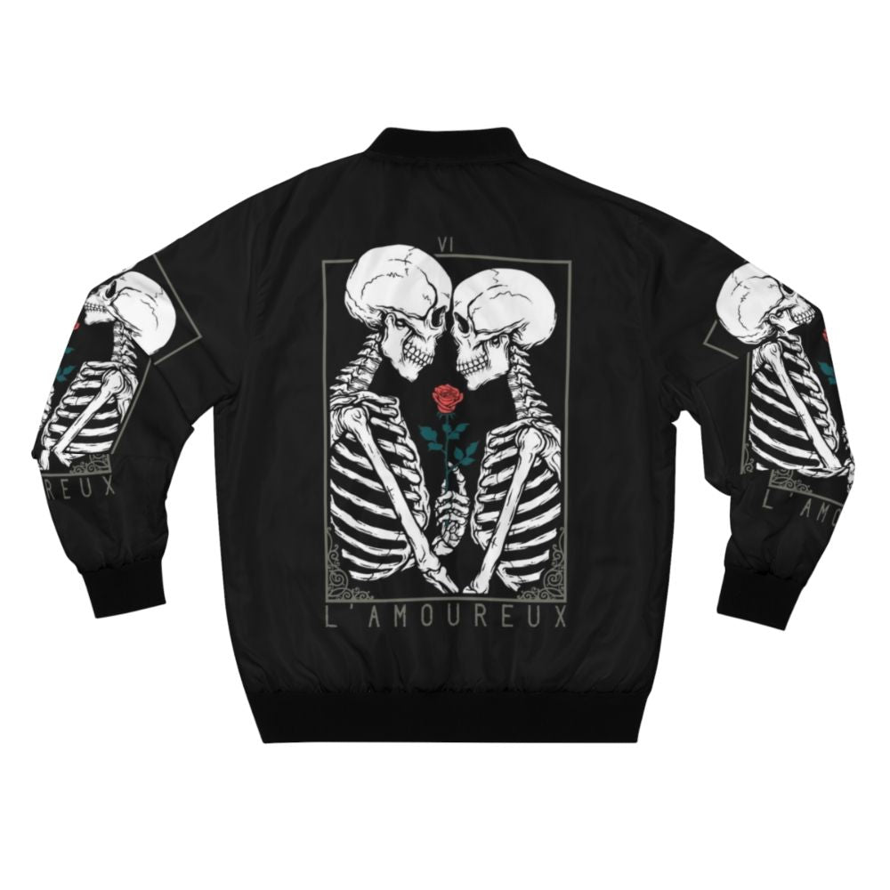 Tarot-inspired bomber jacket with skull, flower, and couple design - Back