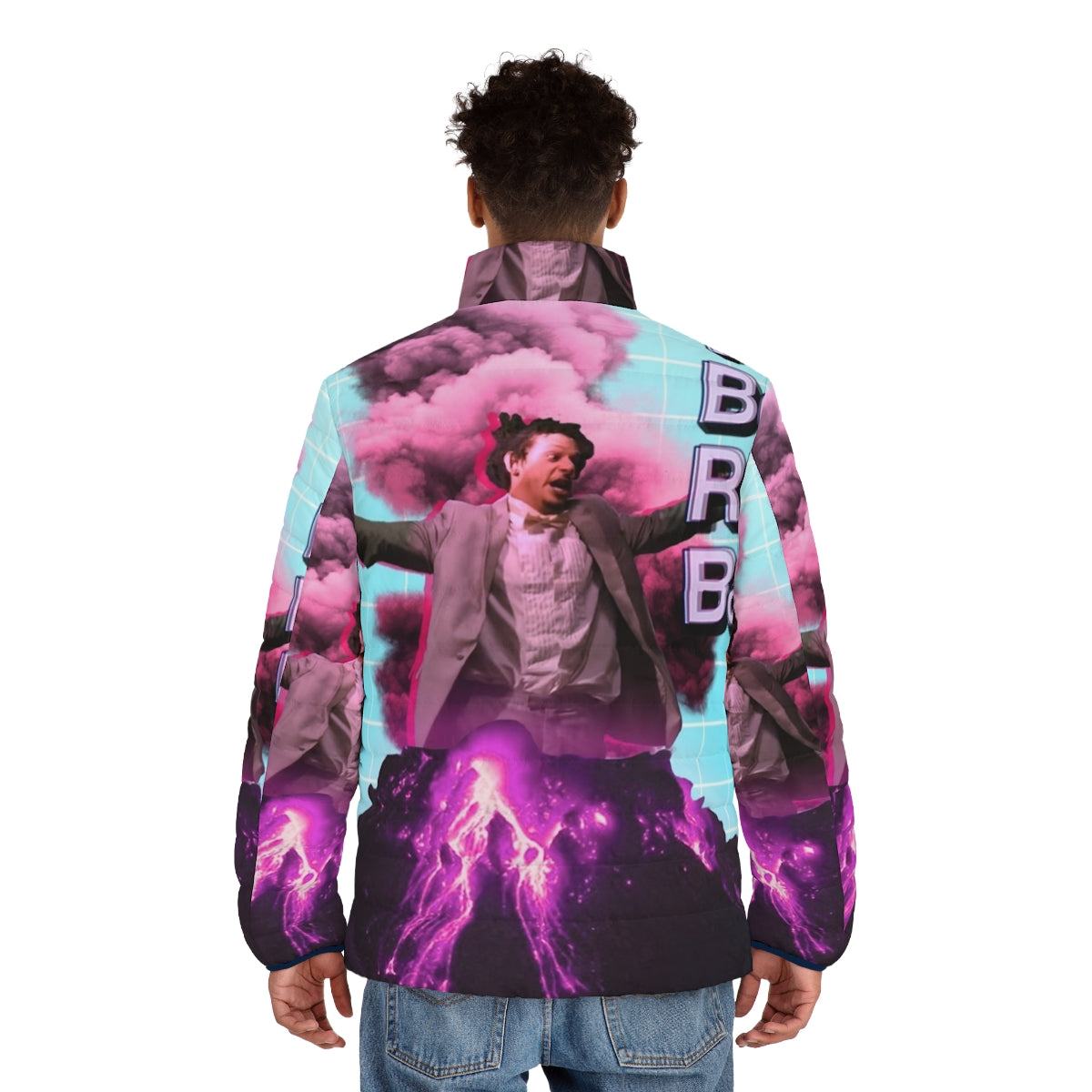 Eric Andre inspired aesthetic puffer jacket with retro vaporwave design - men back