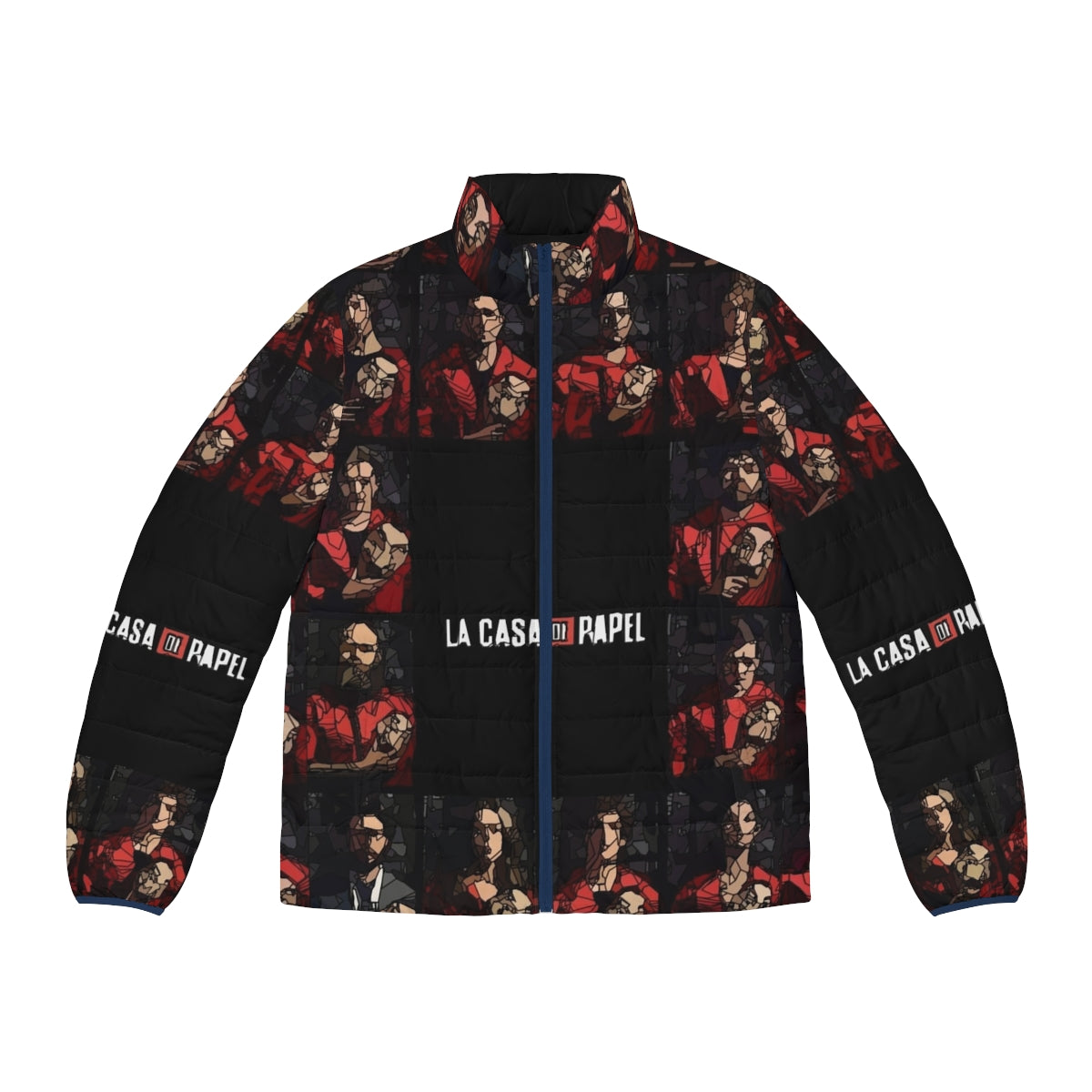 Money Heist Fanart Puffer Jacket with characters and quotes from the hit Netflix series