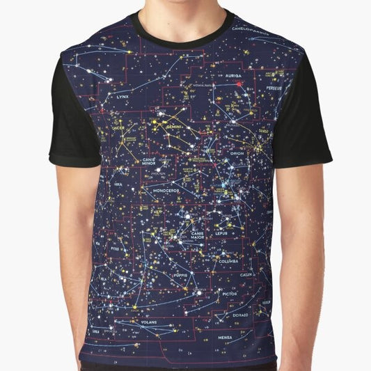 Night Constellations Graphic T-Shirt featuring stars, galaxies, and celestial elements in a visually striking design.