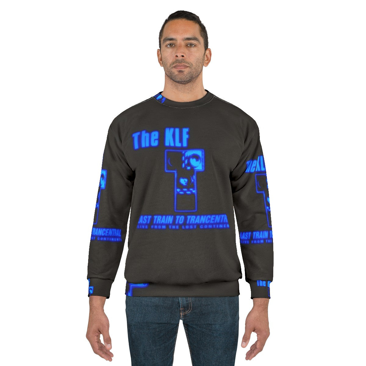 90s sweatshirt featuring The KLF "Last Train to Trancentral" design - men