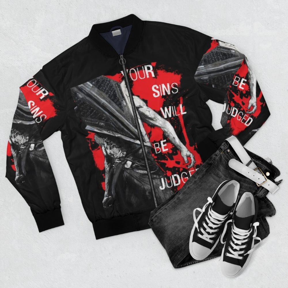 Horror-themed bomber jacket with spooky imagery - Flat lay