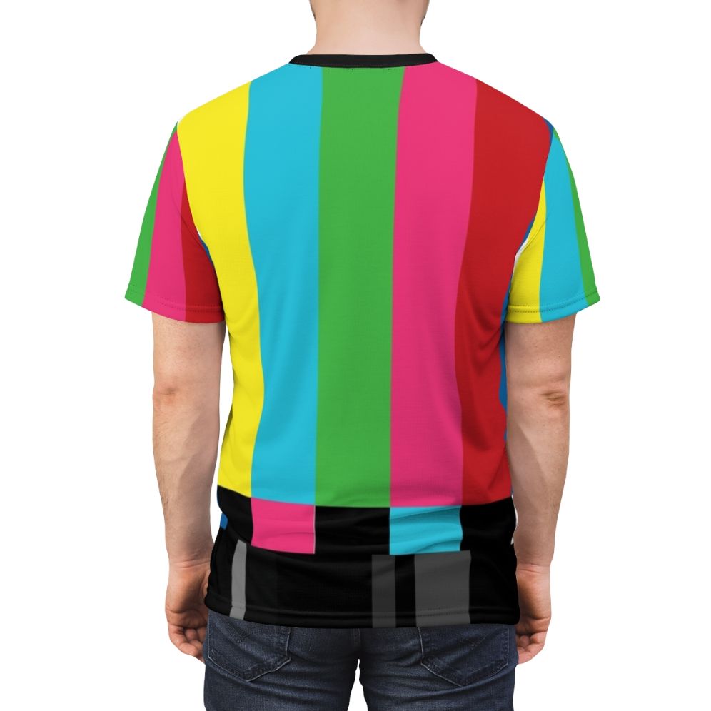 A vibrant and retro-inspired t-shirt featuring a pattern of colorful television color bars, perfect for fans of vintage technology and pop culture. - men back