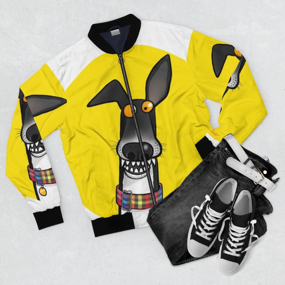 Teefs! Bomber Jacket for Dogs - Funny Pet Clothing with Cartoon Design - Flat lay