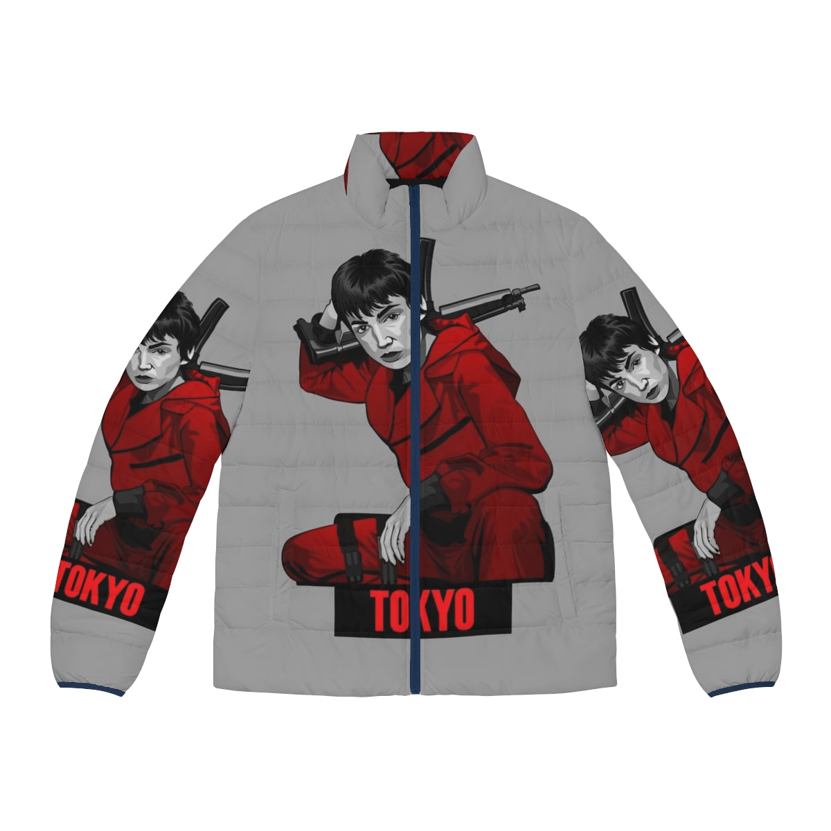 Money Heist Tokyo Puffer Jacket featuring iconic characters and symbols from the hit Netflix series