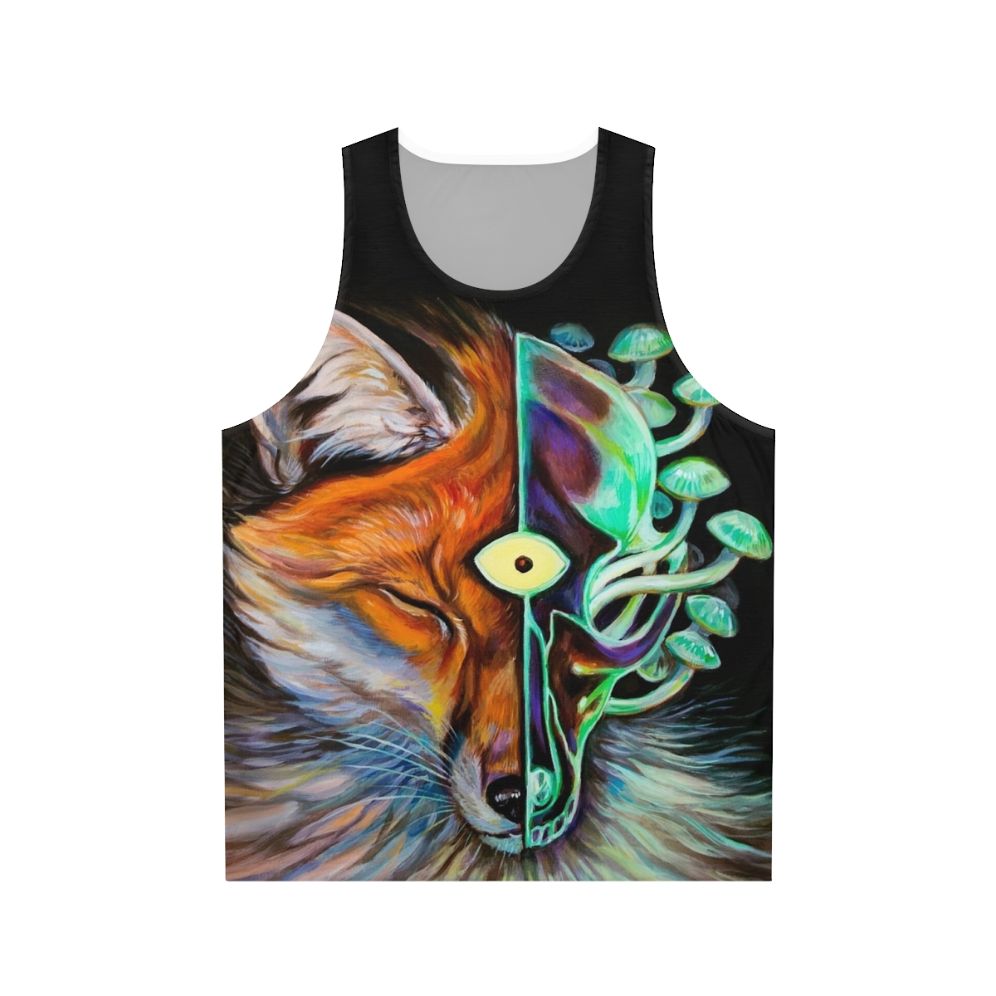 Enlightened unisex tank top with psychedelic third eye and skull design