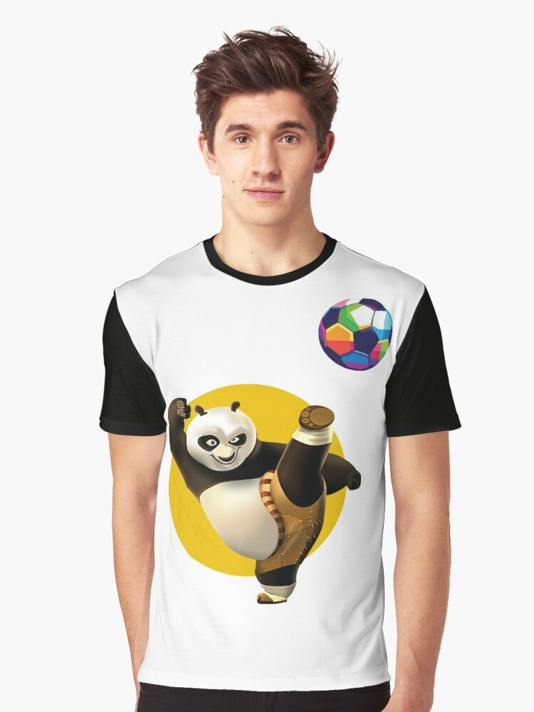 Cute panda cub playing soccer in the galaxy with planets and stars - Men