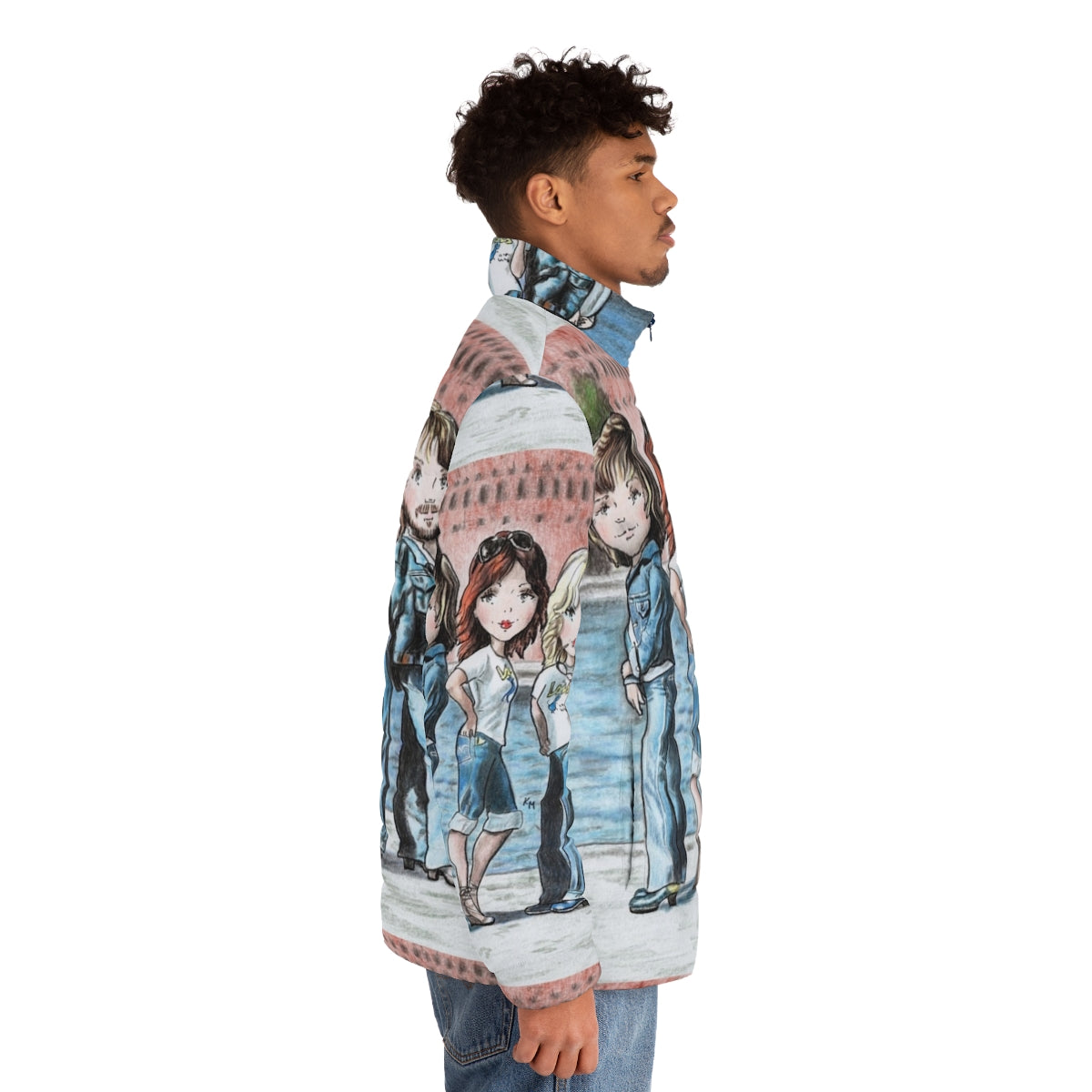 Cartoon illustration of friends wearing stylish puffer jacket while walking by a city river - men side right