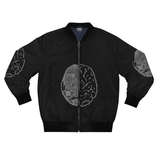 A grey bomber jacket with a "Coding Brain" graphic design for computer programmers and software engineers.