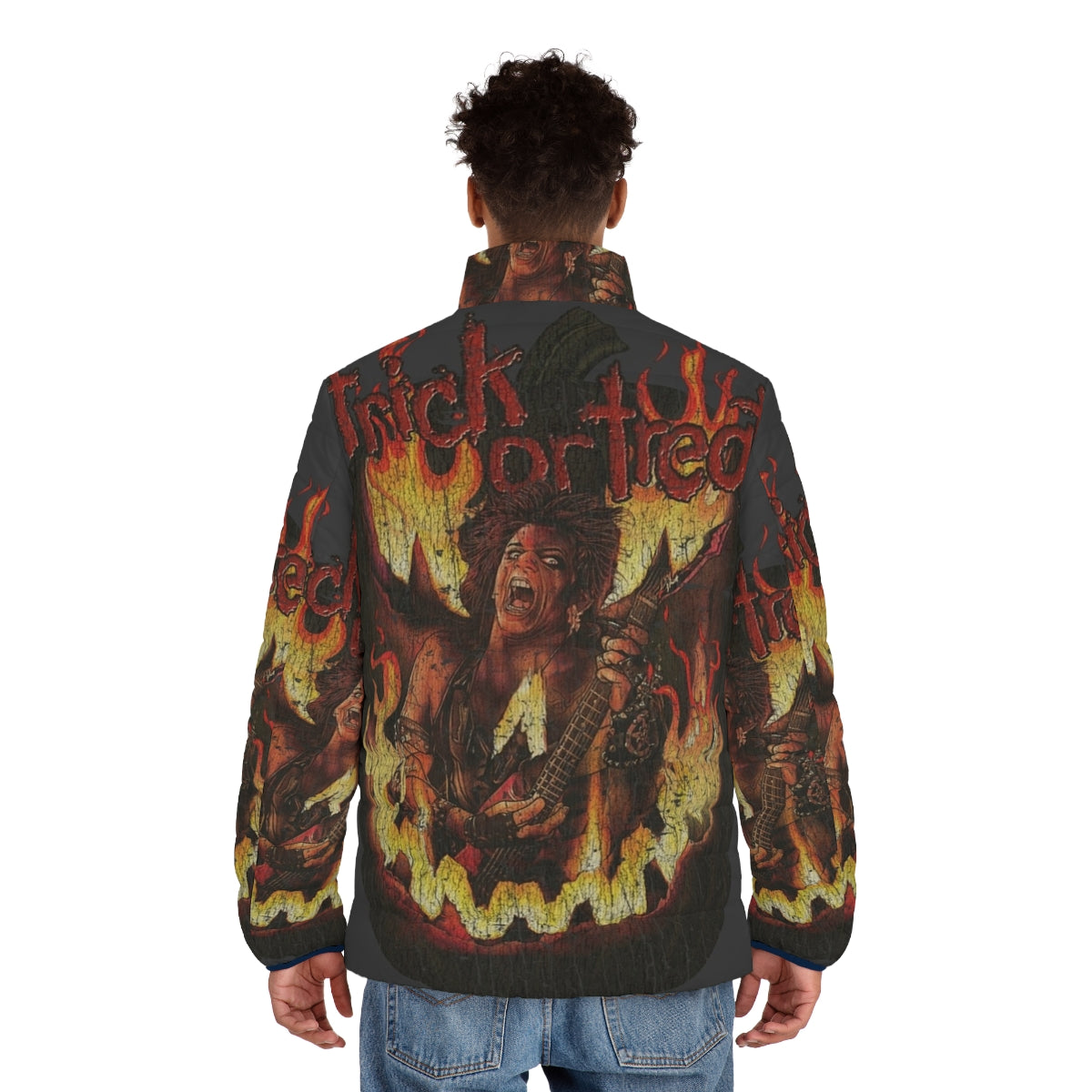 Trick Or Treat 1986 Puffer Jacket featuring horror and heavy metal inspired graphics - men back