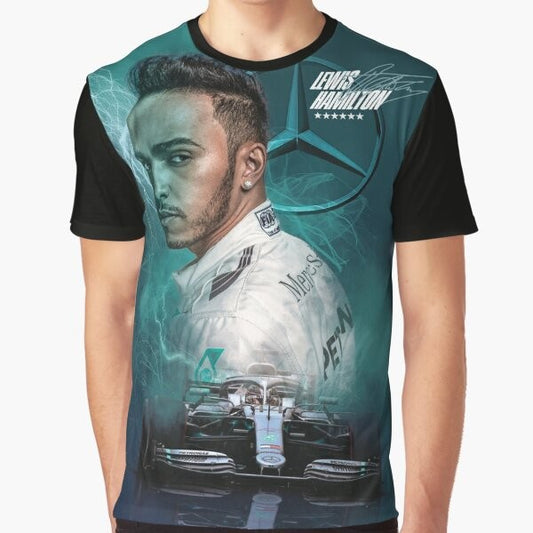 Lewis Hamilton wearing a Mercedes Formula 1 racing t-shirt with a graphic design