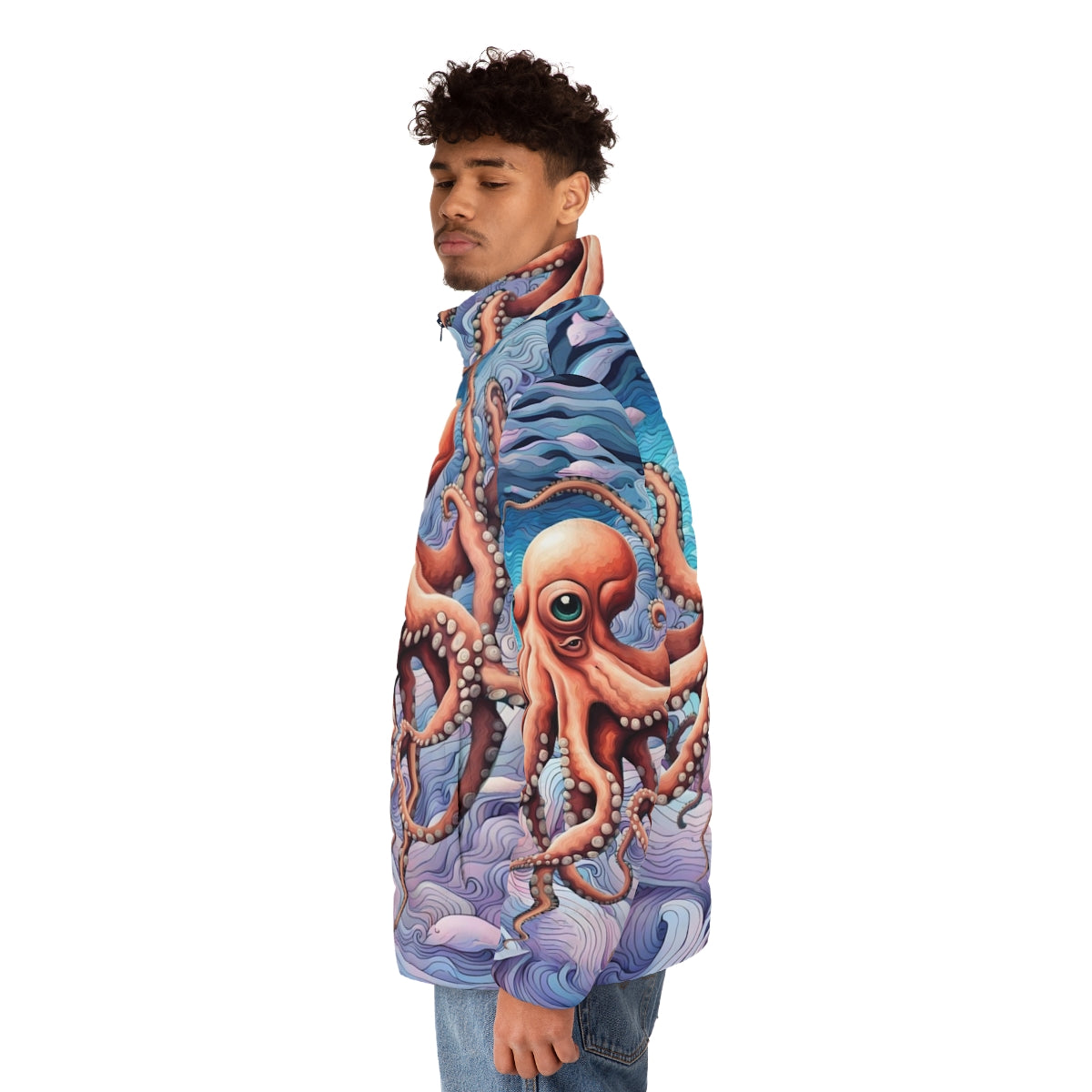 Colorful puffer jacket with an octopus print design - men side left