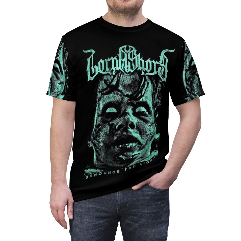 Lorna Shore "Looking at the Sky" graphic t-shirt design featuring the band's logo and imagery - men front