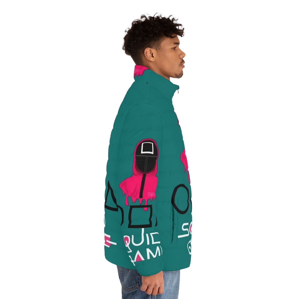 Squid Game Collection 2 Puffer Jacket with iconic symbols and colors from the Netflix series - men side right