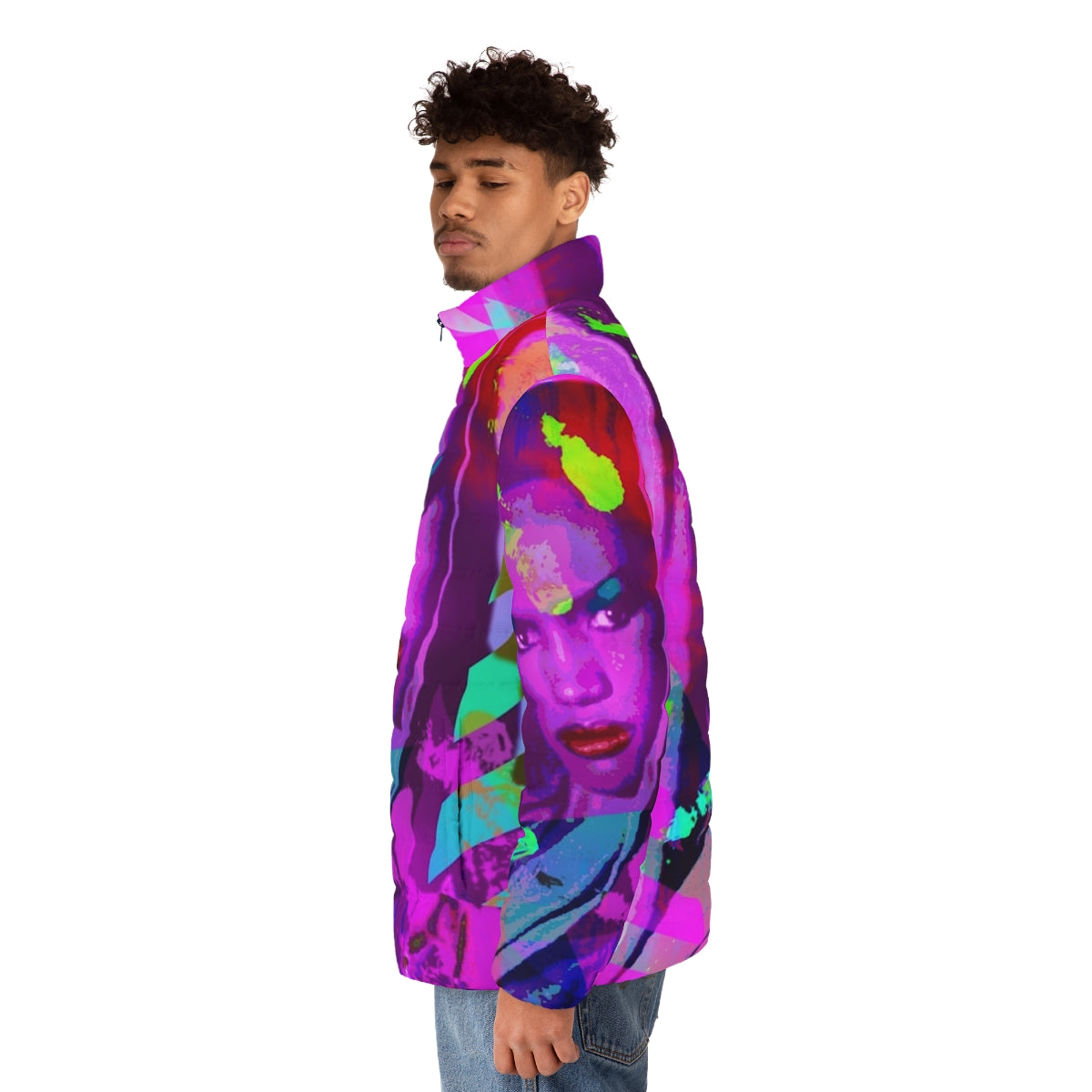 Grace Jones inspired LGBTQIA+ puffer jacket with bold, hedonistic design - men side left