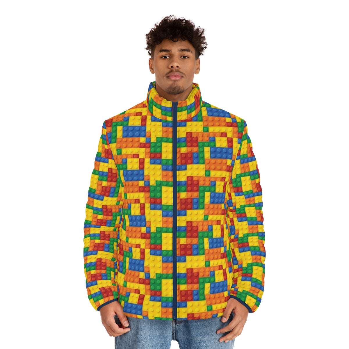 Vibrant puffer jacket featuring a lego block pattern design - men front