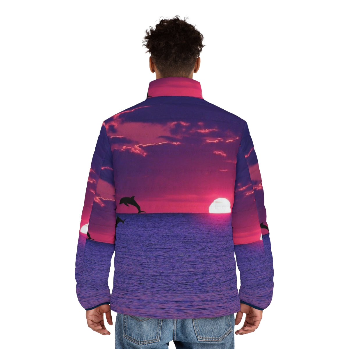 Puffer jacket featuring a beautiful beach sunset with a pink and purple sky and silhouetted dolphins - men back